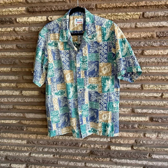 Men's Hawaiian Reverse Tribal Ethnic Print Turtle Casual Aloha Shirt - Picture 6 of 6